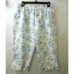 BonWorth Capri Cropped Pants Size Medium Blue & White Floral Elastic Waist